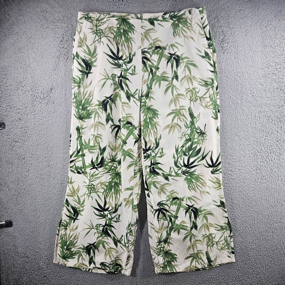 J. Jill Bamboo Print Linen Blend Wide Leg Pants Green Cream Side Zip Womens L